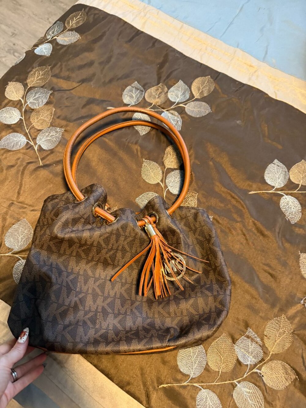 Michael Kors Brown MK Monogram Drawstring Tote Bag